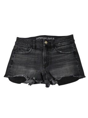 American Eagle Hi Rise Shortie Jeans Shorts Womens Size 0 Black Denim Frayed Hem